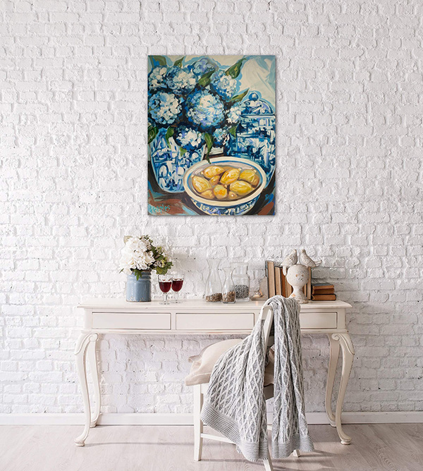 Hydrangeas and Lemons Original Art Acrylic on Canvas Painting